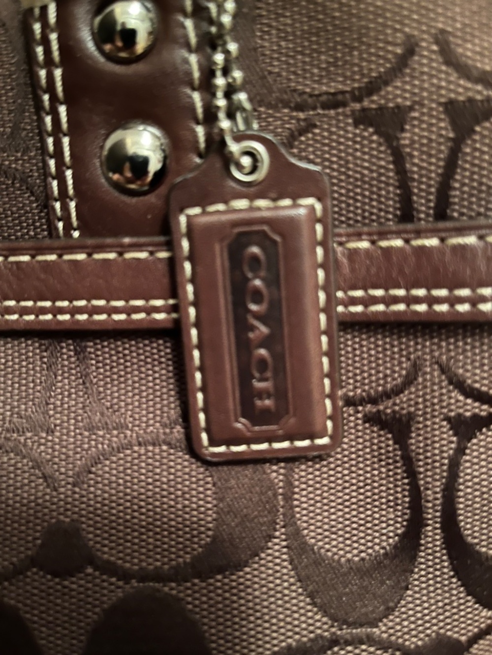Coach F13973 Signature Canvas Tote Purse Dark Brown Leather Shoulder Bag Handbag - Picture 3 of 7
